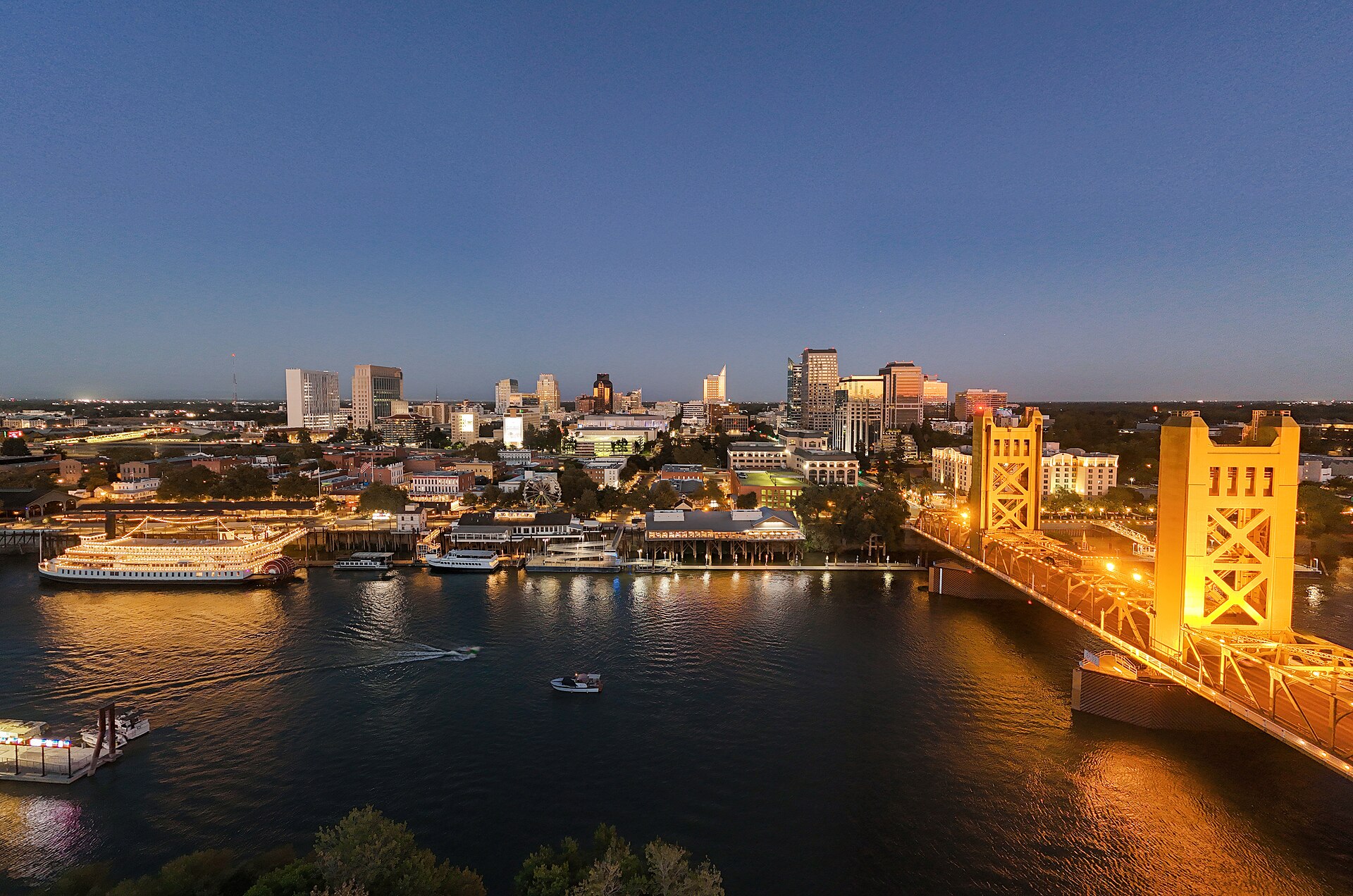 Downtown Sacramento and the Tower Bridge at dusk