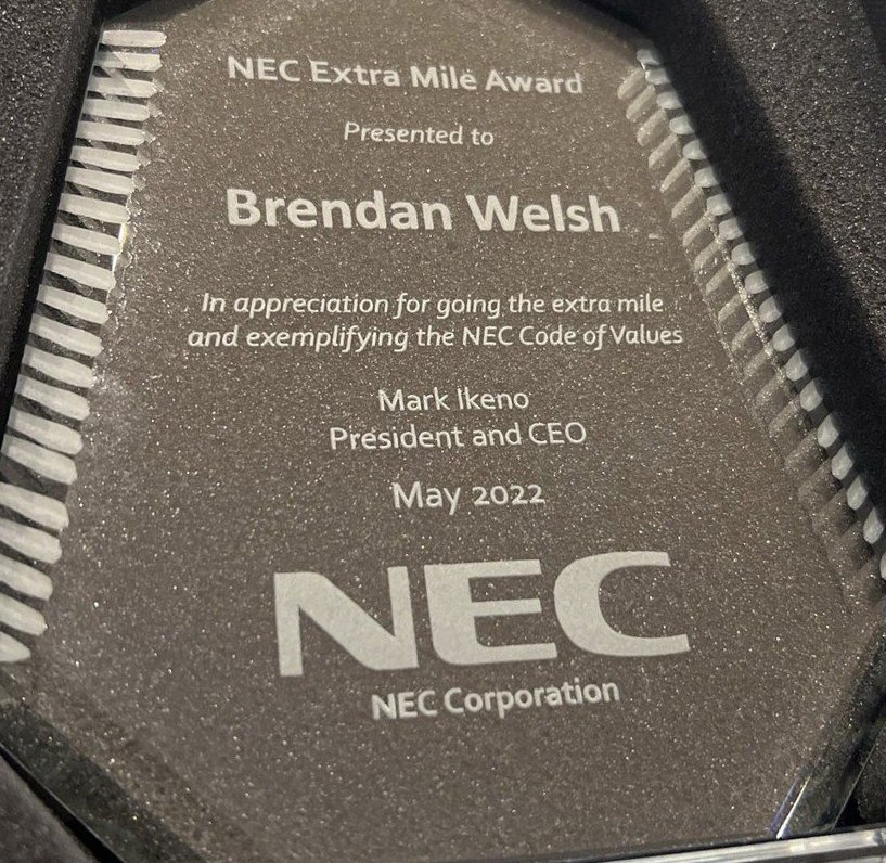 NEC Extra Mile Award presented to Brendan Welsh, May 2022
